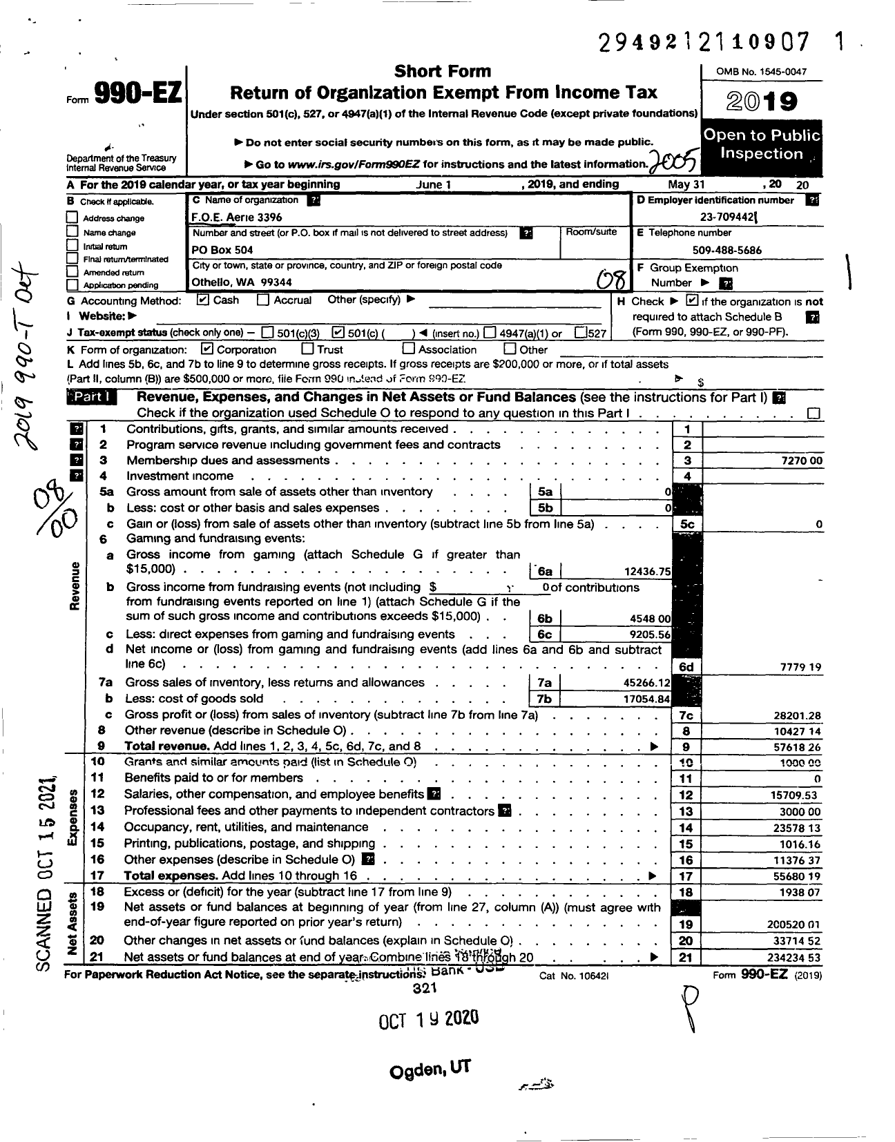 Image of first page of 2019 Form 990EO for Fraternal Order of Eagles - 3396 Aerie