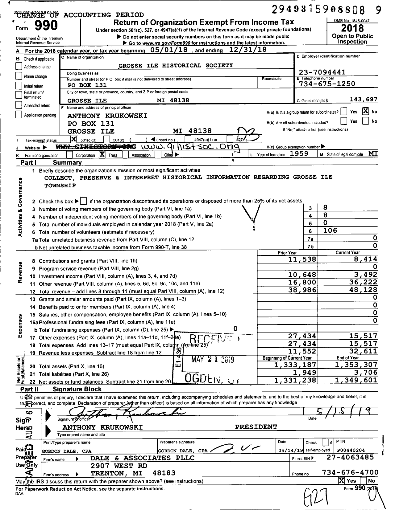 Image of first page of 2018 Form 990 for Grosse Ile Historical Society