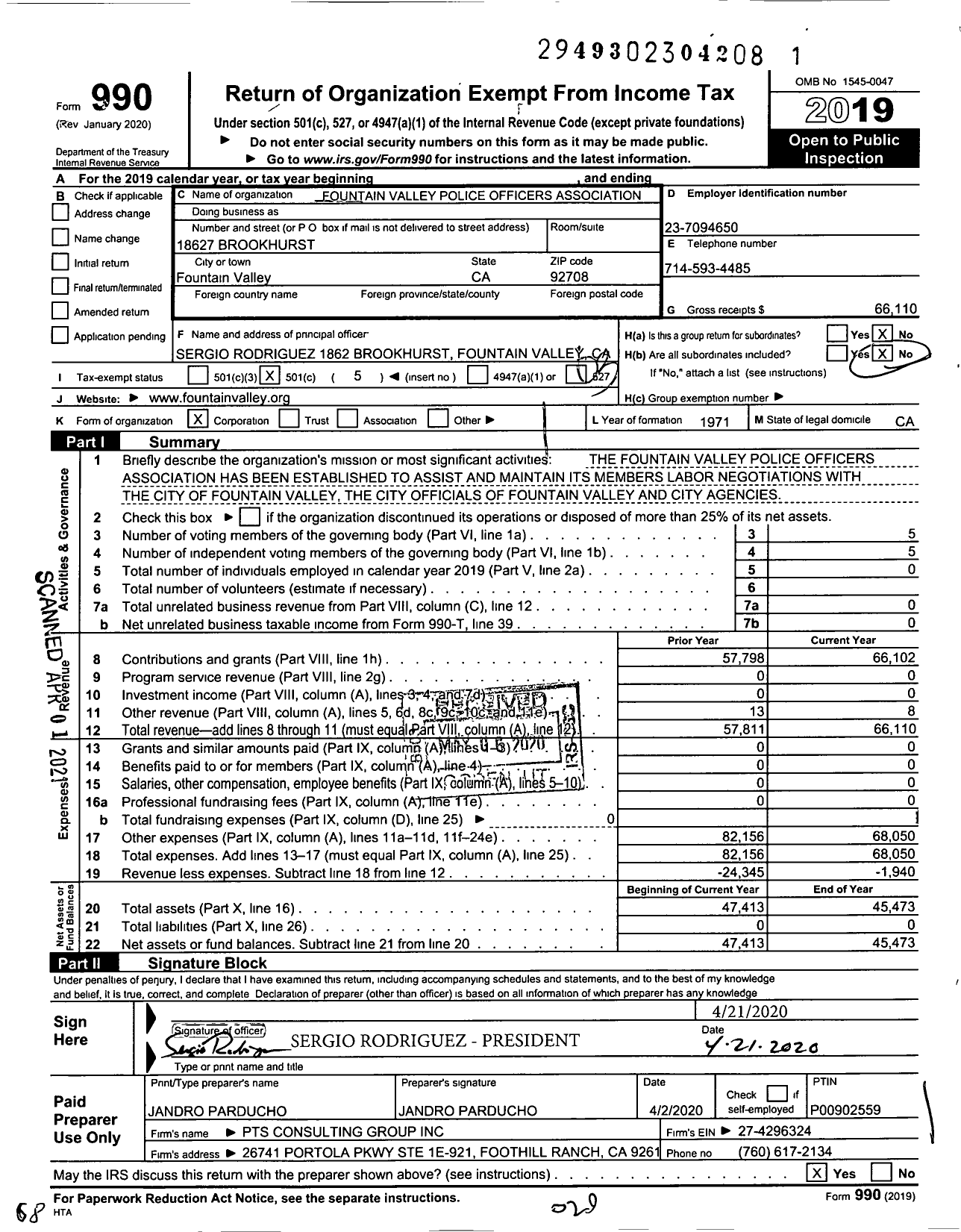 Image of first page of 2019 Form 990 for Fountain Valley Police Officers Association