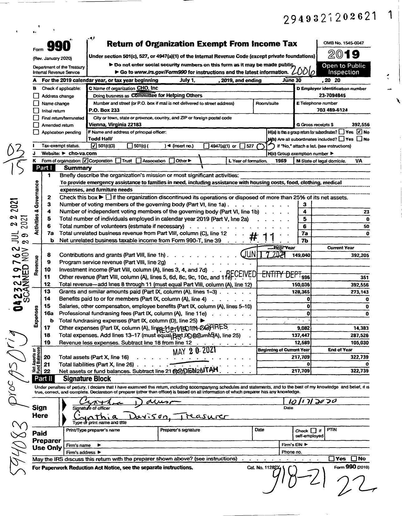 Image of first page of 2019 Form 990 for Committee For Helping Others