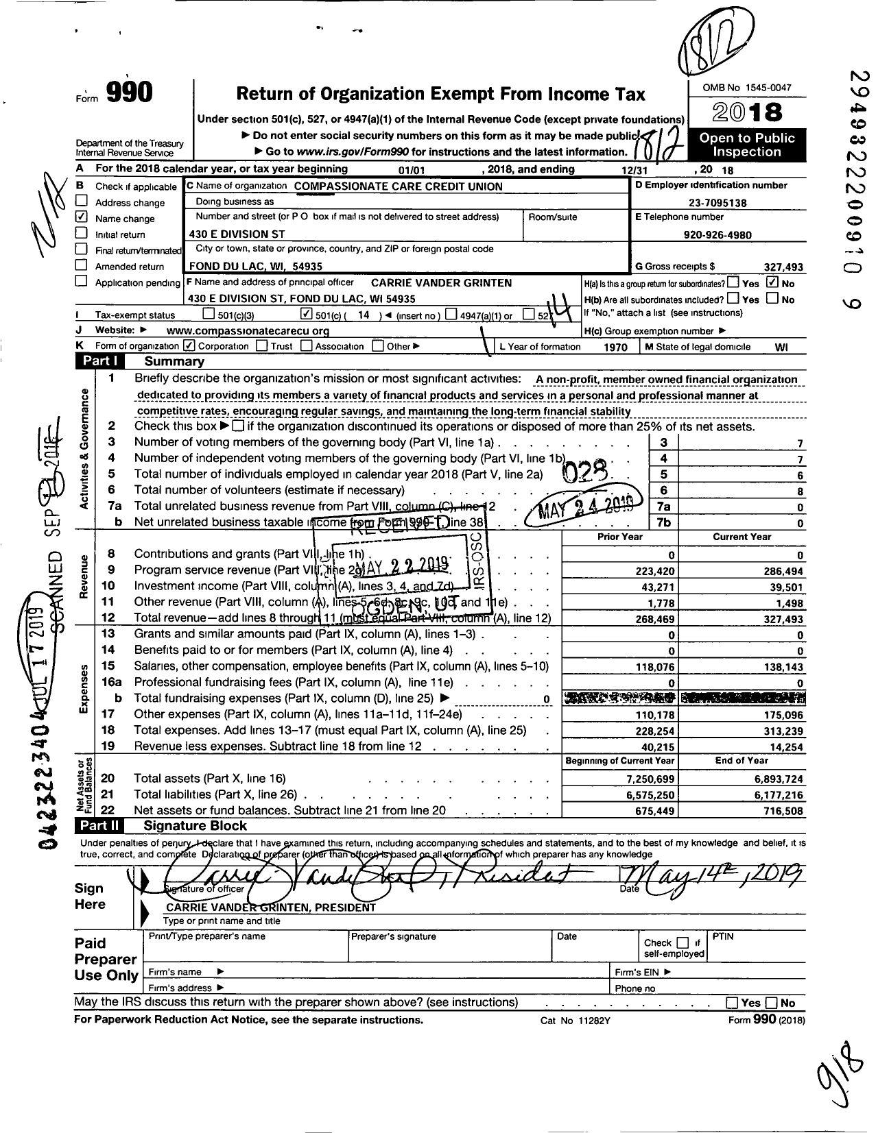 Image of first page of 2018 Form 990O for Compassionate Care Credit Union
