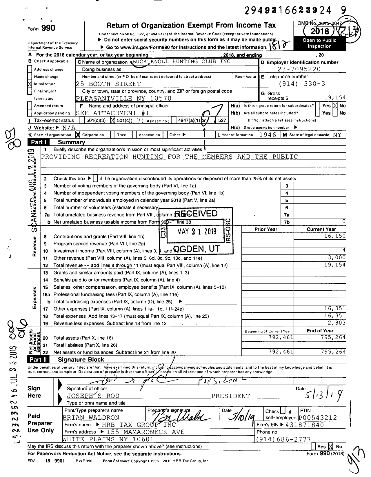 Image of first page of 2018 Form 990O for Buck Knoll Hunting Club