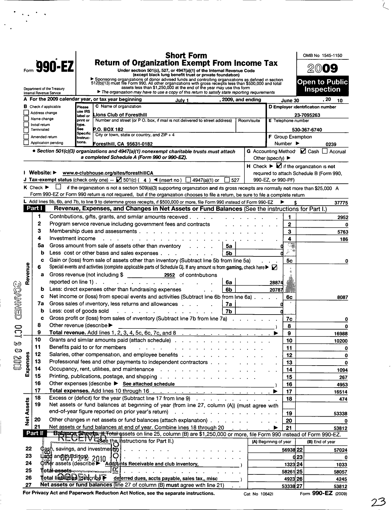 Image of first page of 2009 Form 990EO for Lions Clubs - 2171 Foresthill