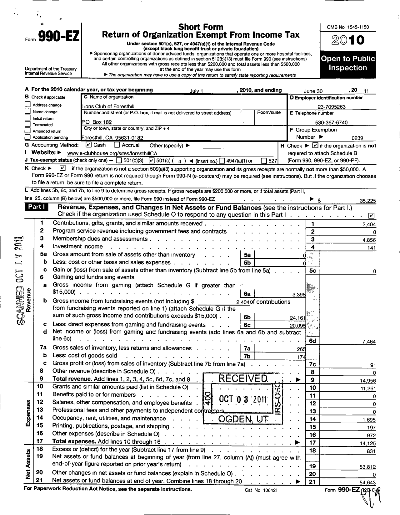 Image of first page of 2010 Form 990EO for Lions Clubs - 2171 Foresthill