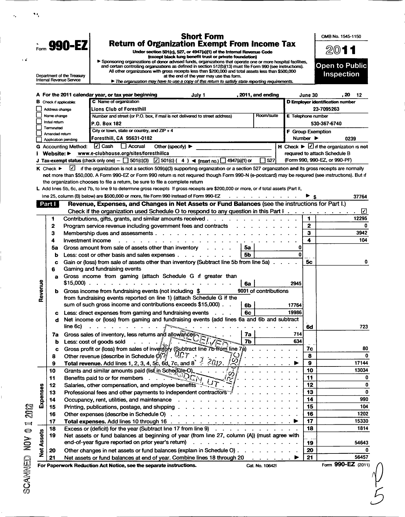 Image of first page of 2011 Form 990EO for Lions Clubs - 2171 Foresthill