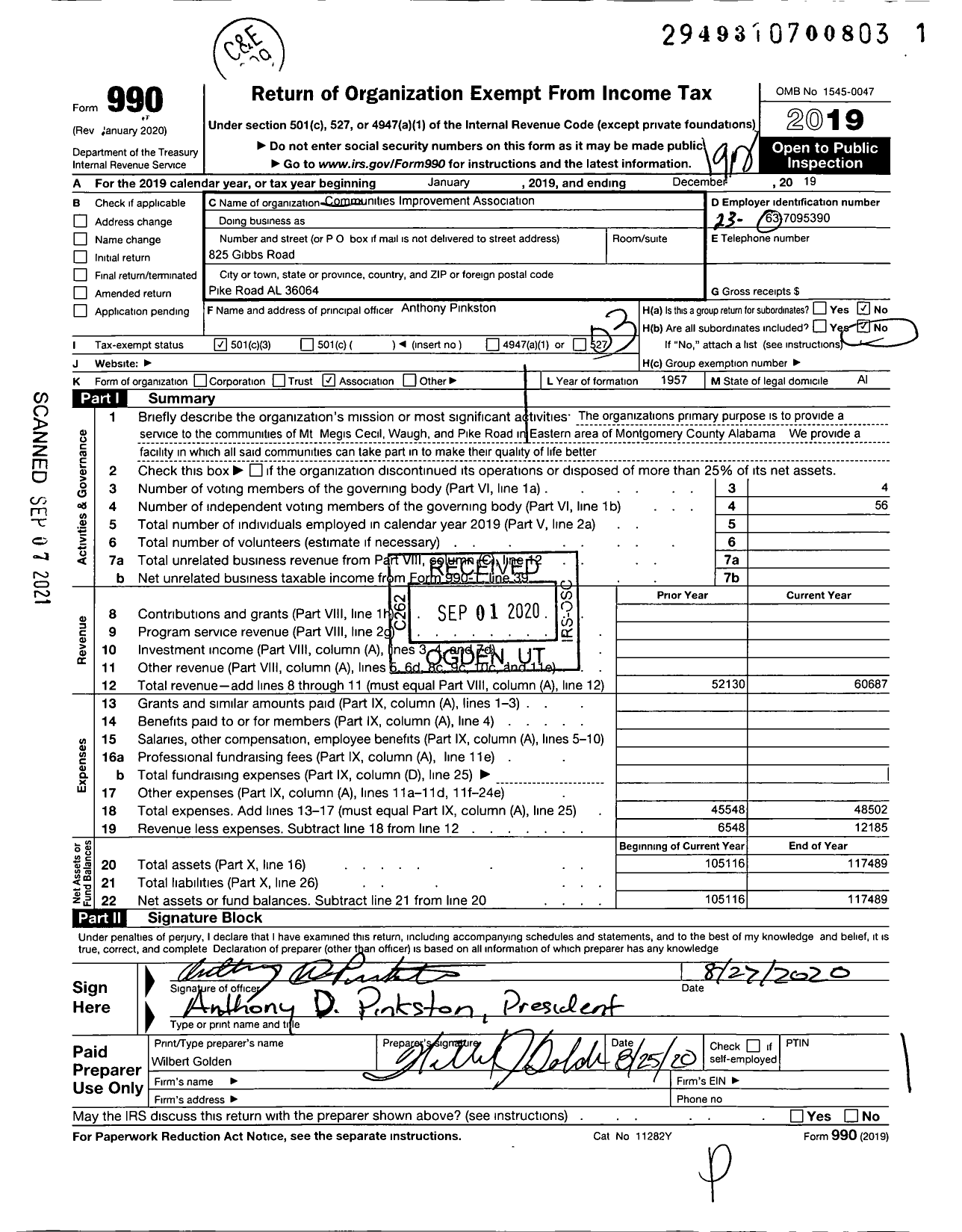 Image of first page of 2019 Form 990 for Communities Improvement Association Incorporated