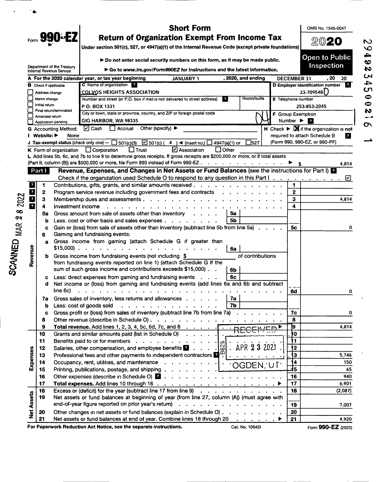 Image of first page of 2020 Form 990EO for Colvos Heights Association