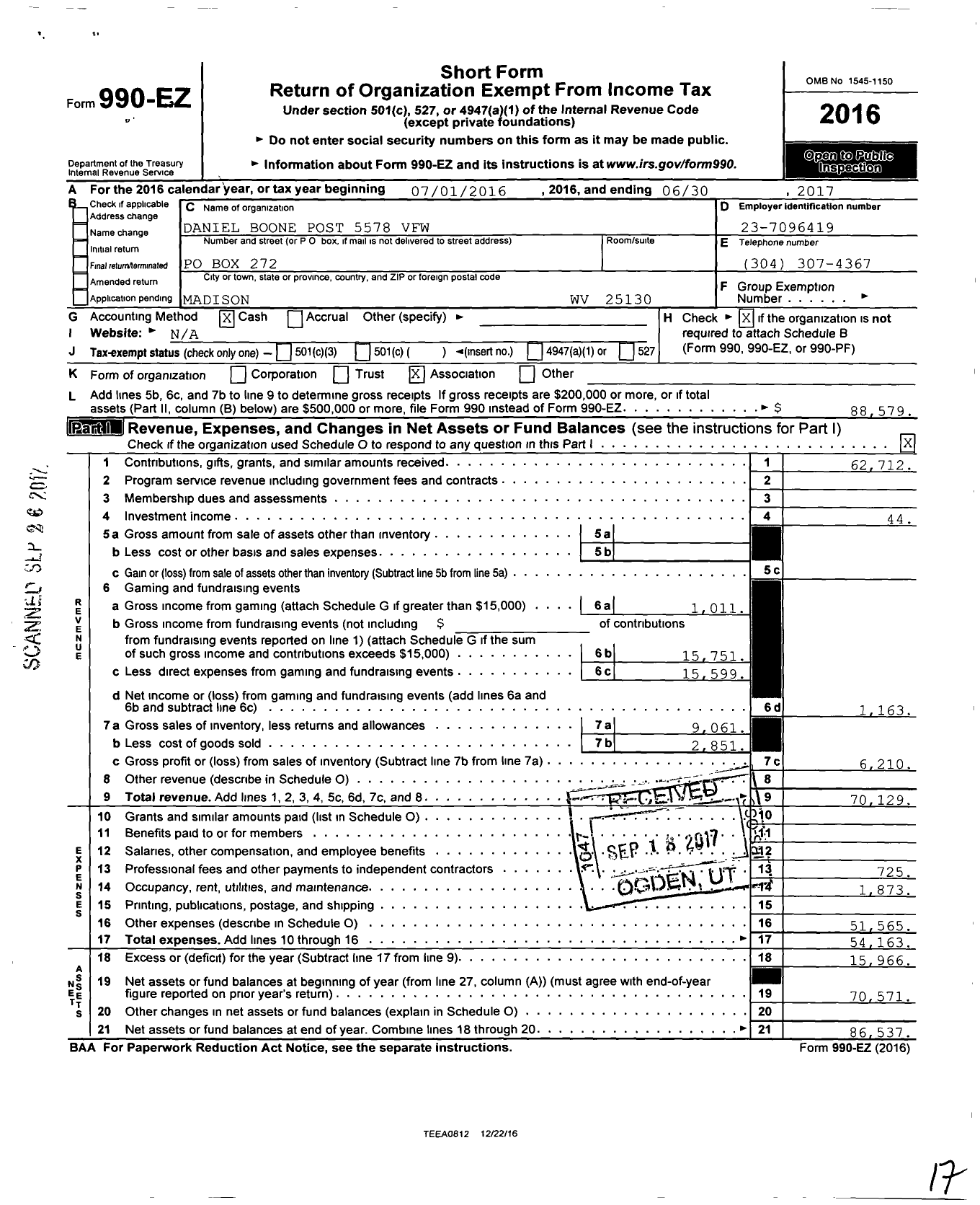 Image of first page of 2016 Form 990EO for Veterans of Foreign Wars Department of West Virginia - 5578 VFW