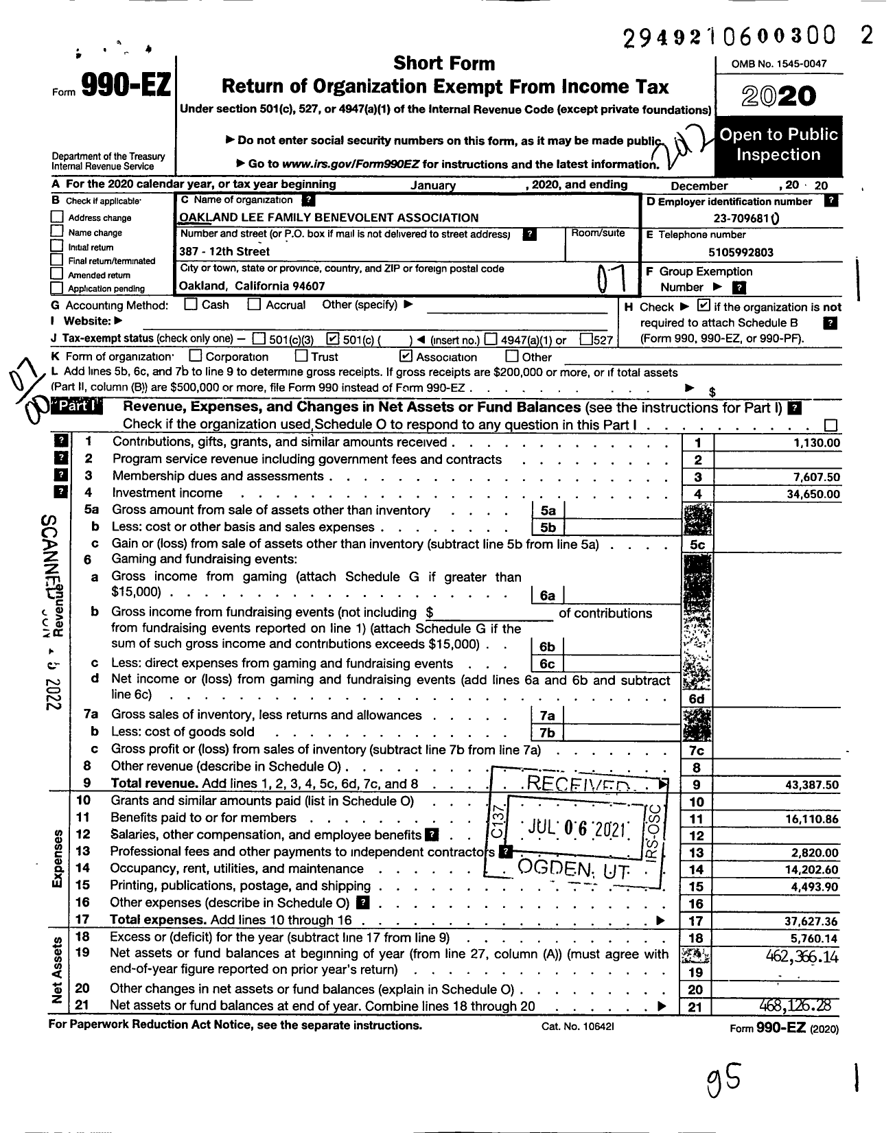 Image of first page of 2020 Form 990EO for Oakland Lee Family Benevolent Association