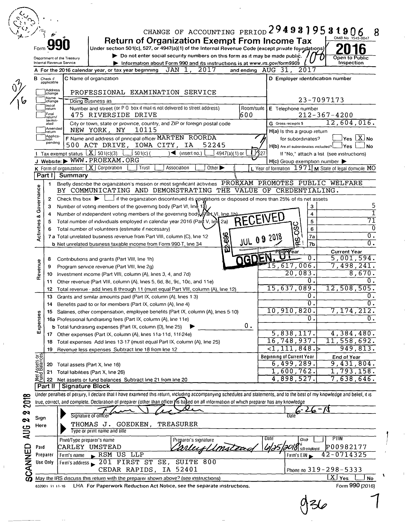 Image of first page of 2016 Form 990 for Professional Examination Services