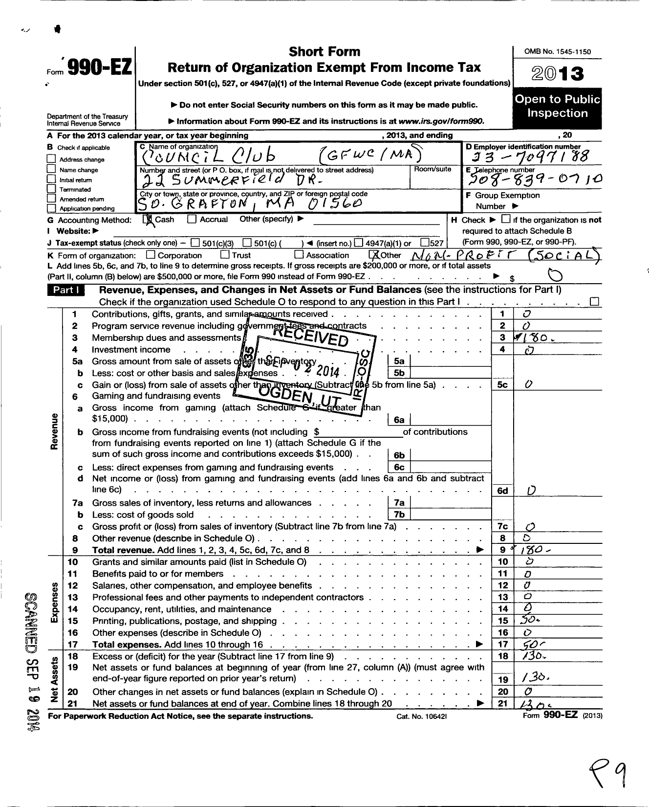 Image of first page of 2013 Form 990EO for General Federation of Women's Clubs of Massachusetts / Council Club