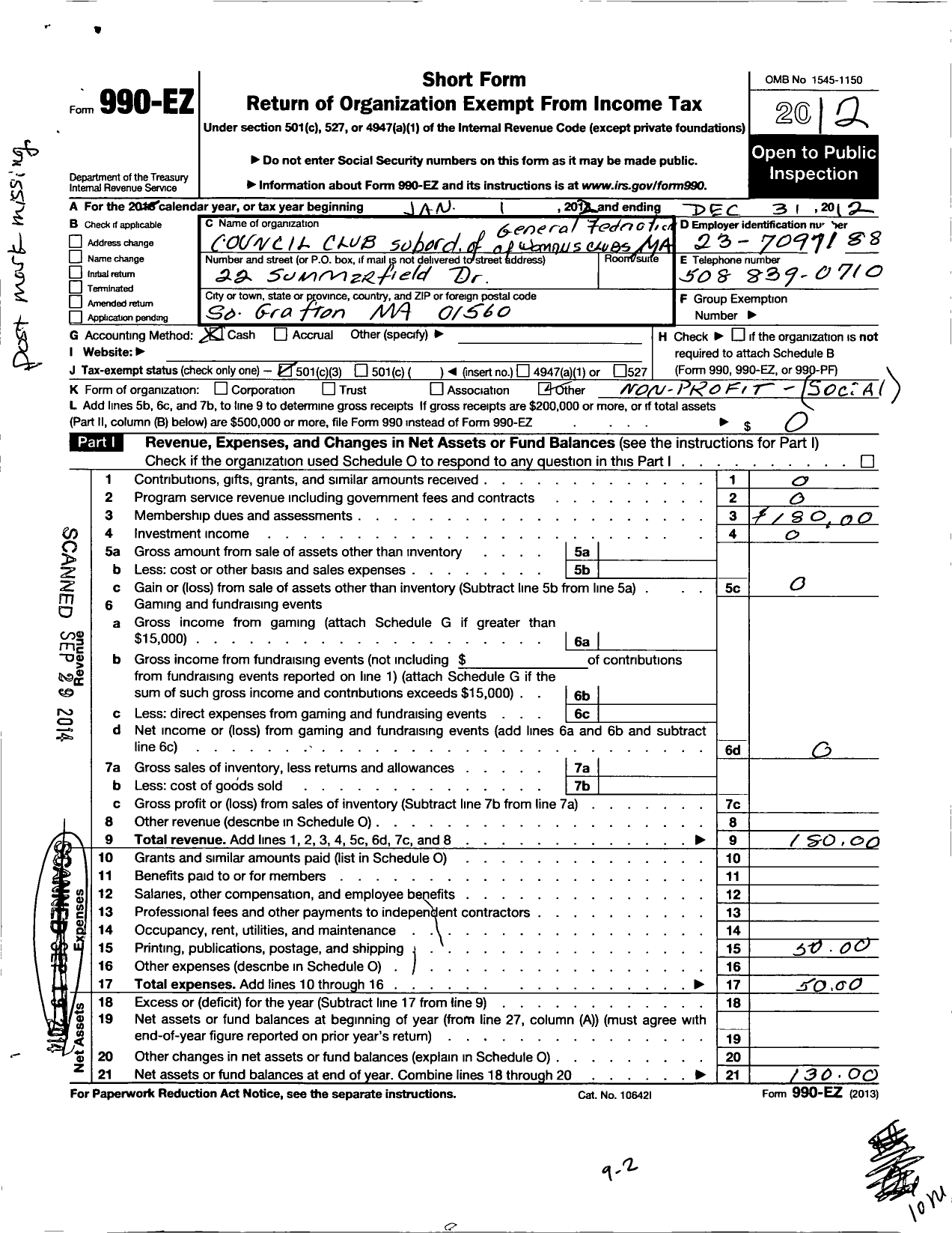 Image of first page of 2012 Form 990EZ for General Federation of Women's Clubs of Massachusetts / Council Club