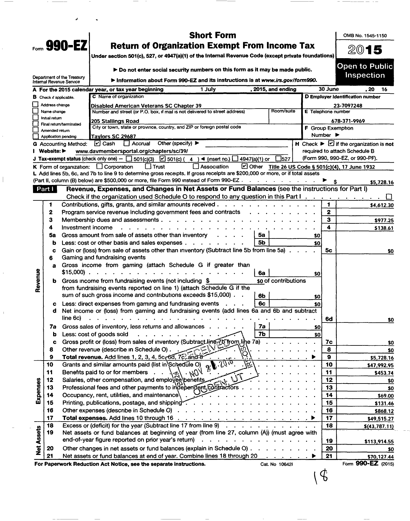 Image of first page of 2015 Form 990EO for Disabled American Veterans - 39 MSG Preston B Johnson