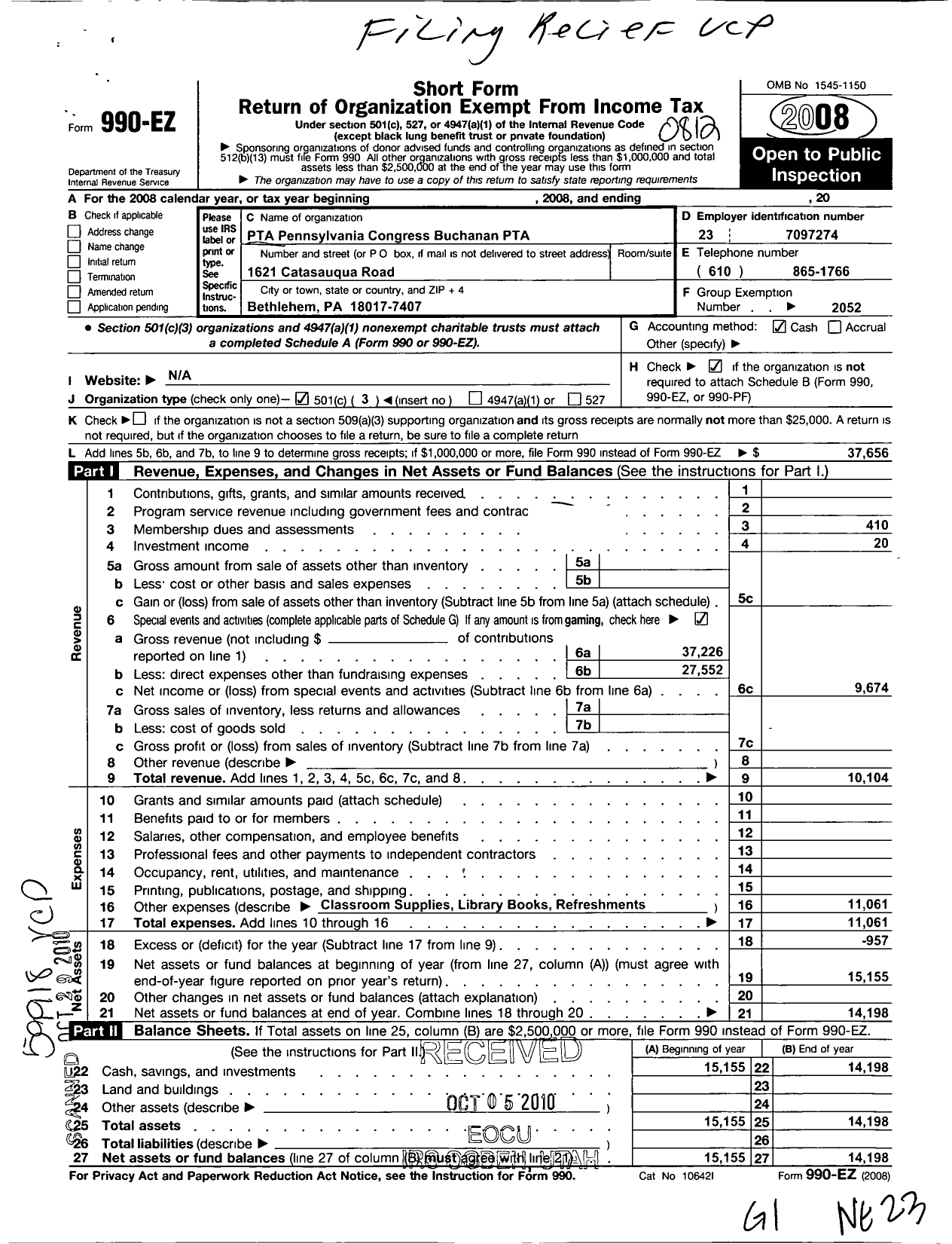 Image of first page of 2008 Form 990EZ for PTA Pennsylvania Congress / Buchanan PTA