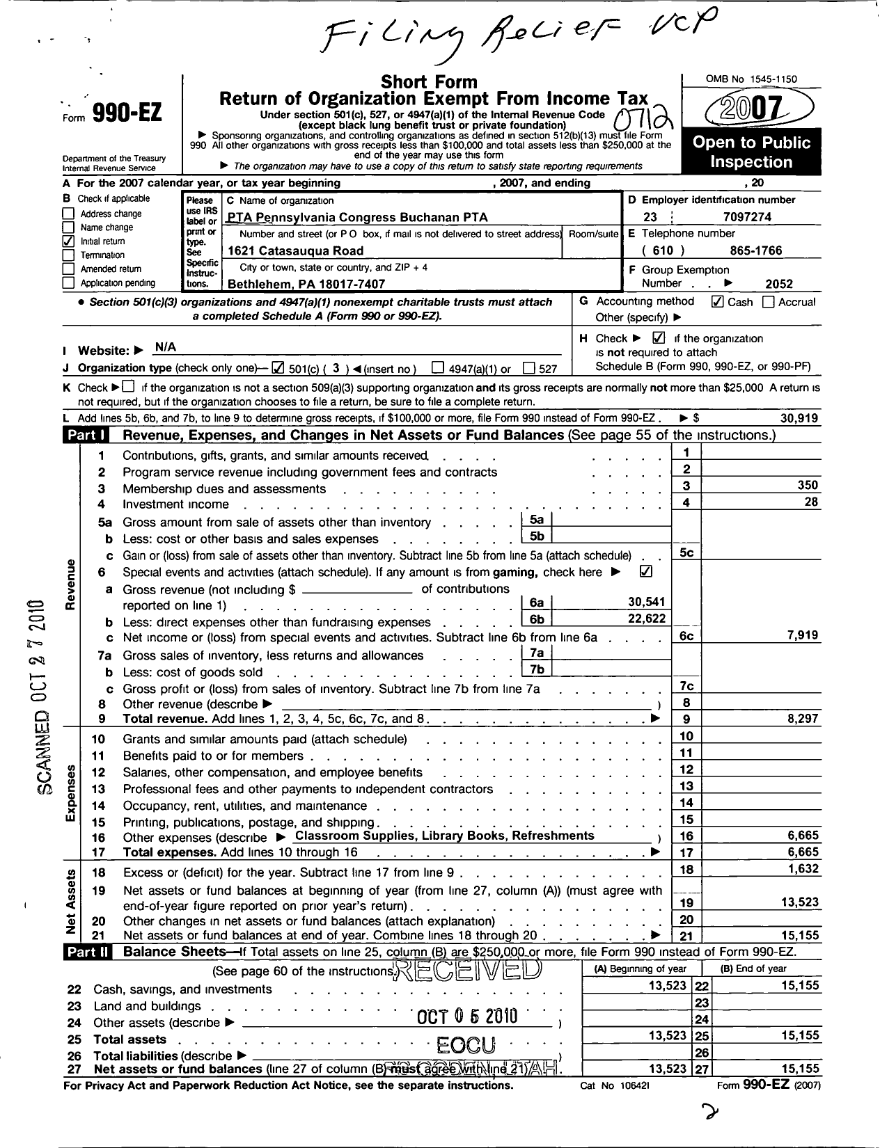 Image of first page of 2007 Form 990EZ for PTA Pennsylvania Congress / Buchanan PTA