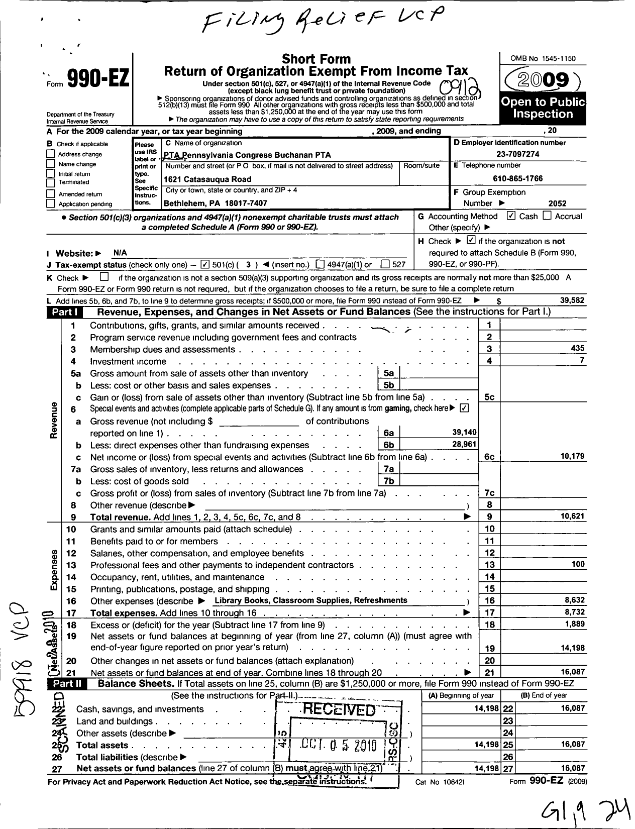 Image of first page of 2009 Form 990EZ for PTA Pennsylvania Congress / Buchanan PTA