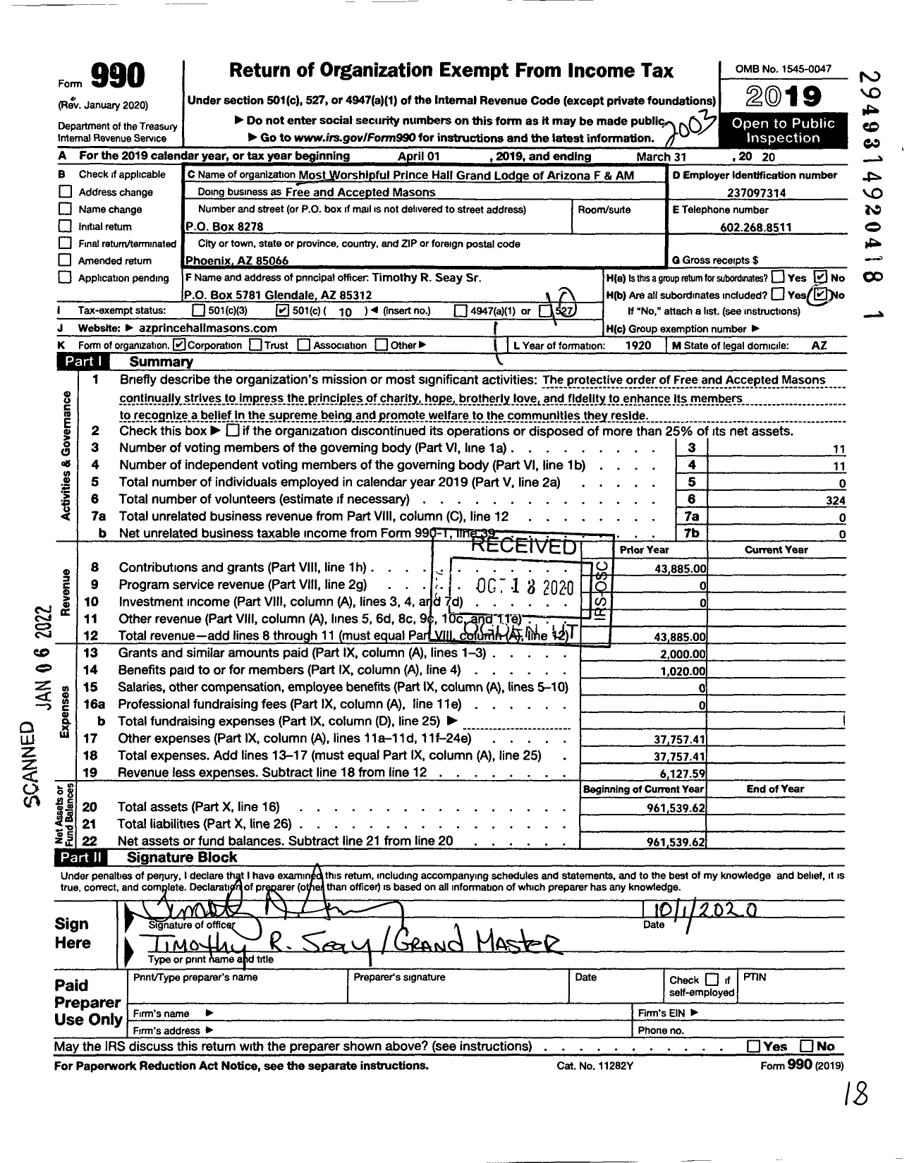 Image of first page of 2019 Form 990O for Most Worshipful Prince Hall Grand Lodge Free and Accepted Masons / Arizona Jurisdiction Inc