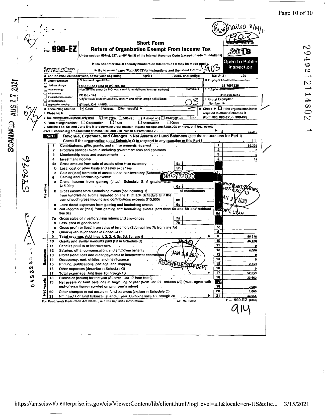 Image of first page of 2018 Form 990EZ for United Fund of Willard