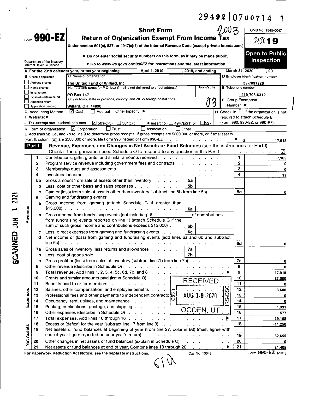 Image of first page of 2019 Form 990EZ for United Fund of Willard