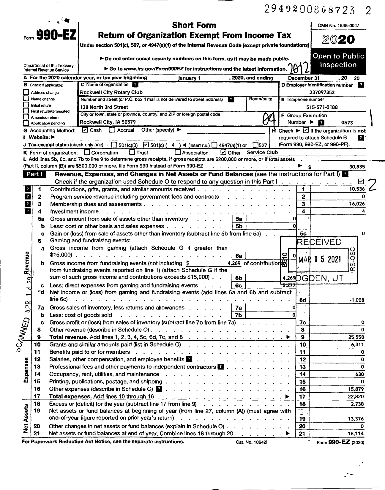 Image of first page of 2020 Form 990EO for Rotary International - Rockwell City Rotary Club
