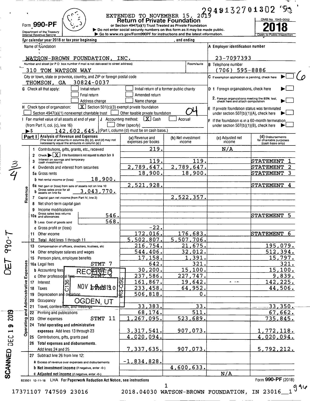Image of first page of 2018 Form 990PF for Watson-Brown Foundation