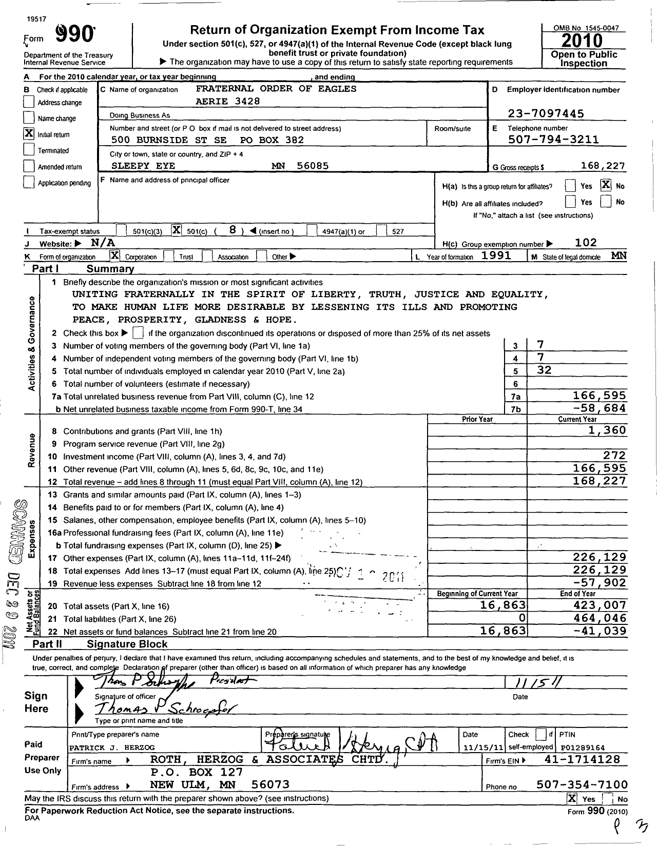 Image of first page of 2010 Form 990O for Fraternal Order of Eagles - Aerie 3428