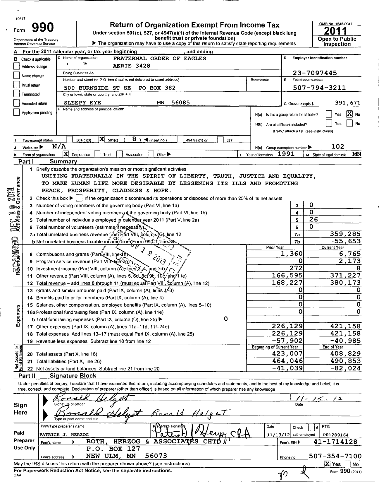 Image of first page of 2011 Form 990O for Fraternal Order of Eagles - Aerie 3428
