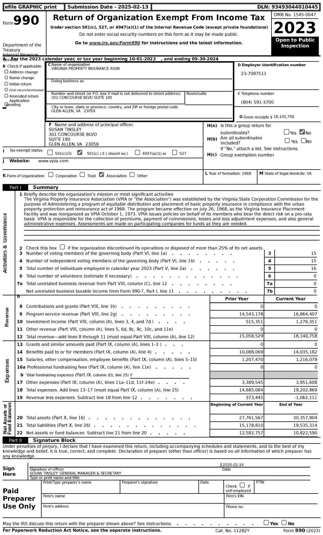 Image of first page of 2023 Form 990 for Virginia Property Insurance Association