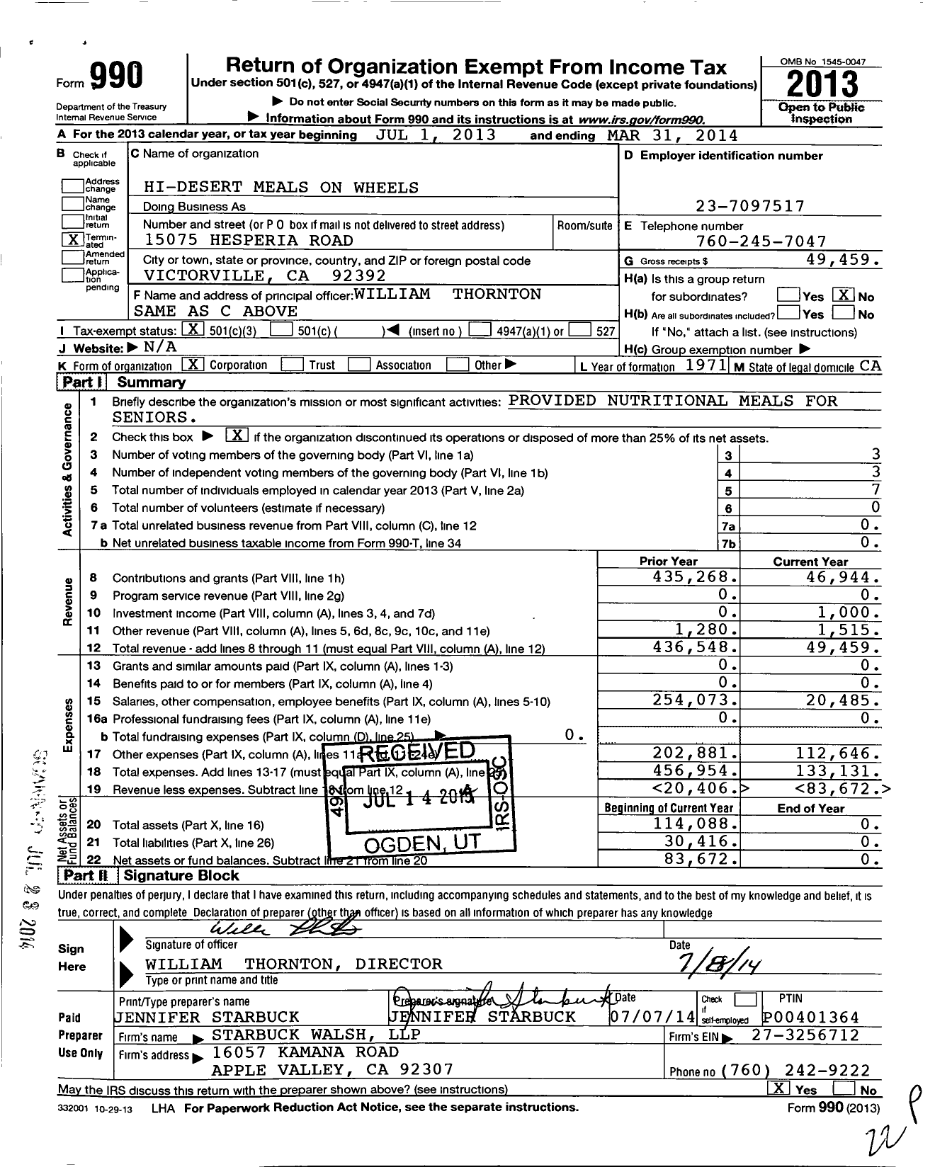 Image of first page of 2013 Form 990 for Hi-Desert Meals on Wheels