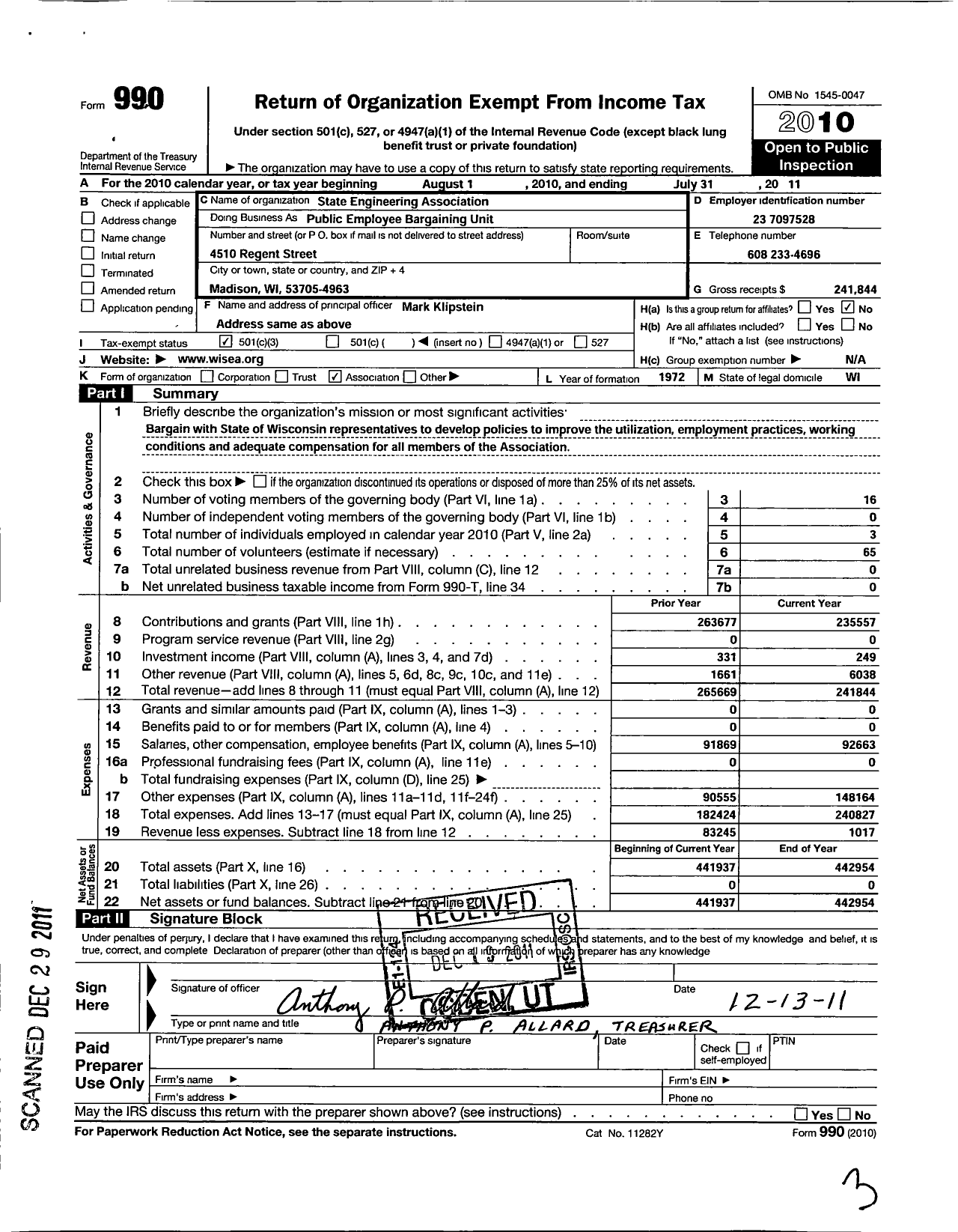 Image of first page of 2010 Form 990 for State Engineering Association