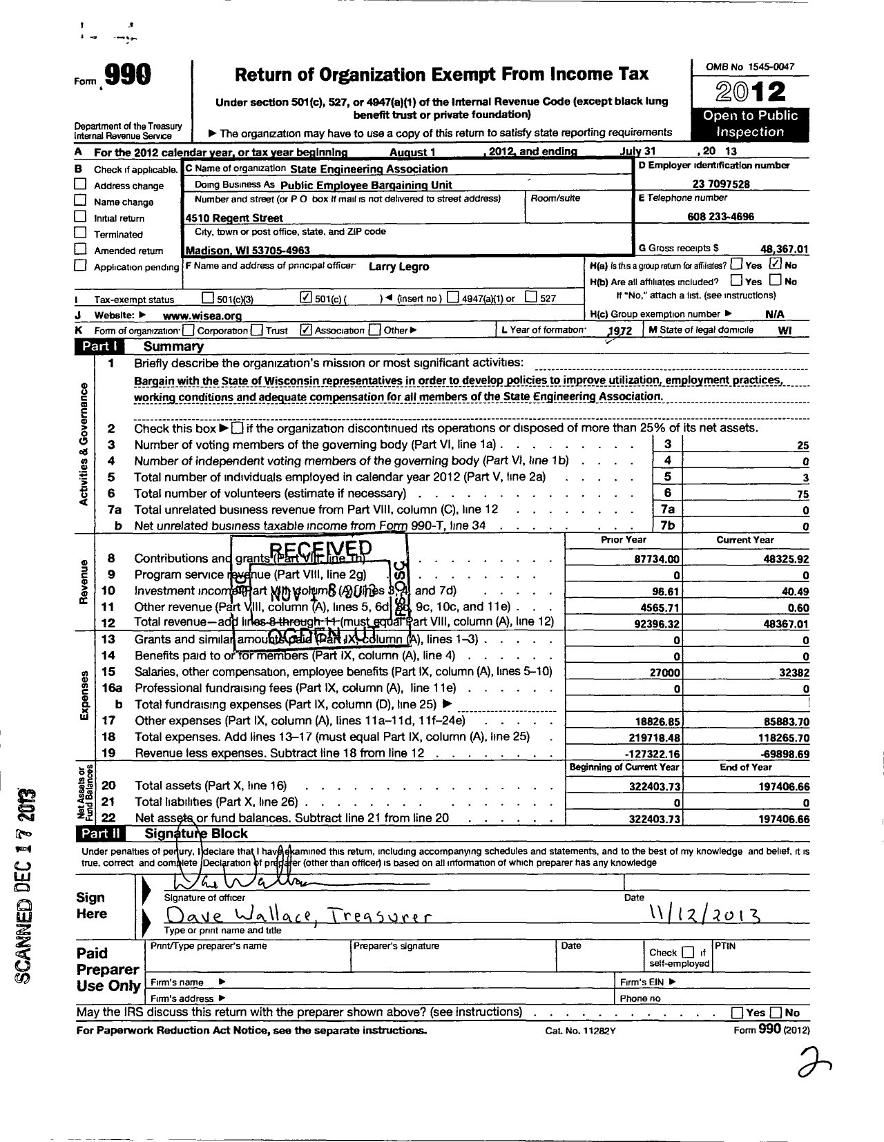 Image of first page of 2012 Form 990O for State Engineering Association