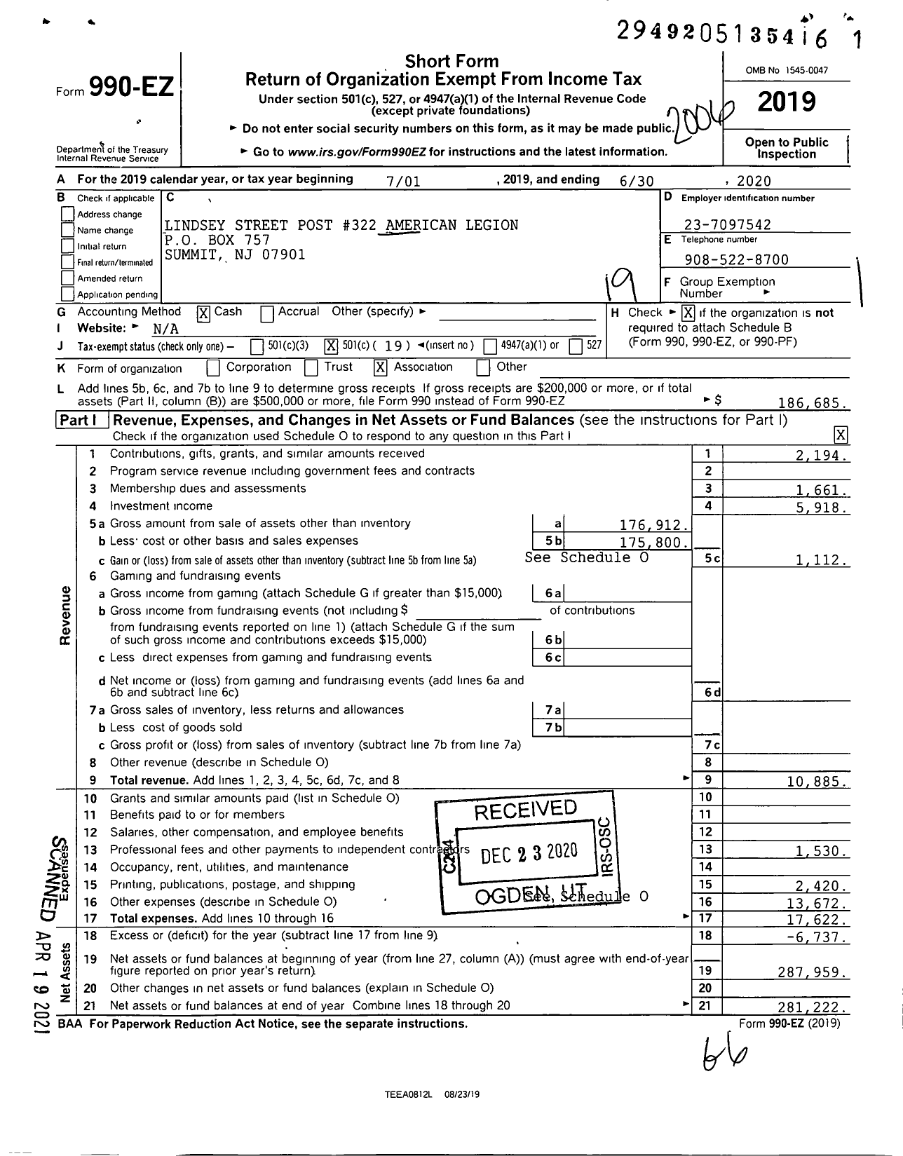 Image of first page of 2019 Form 990EO for American Legion - 322 Lindsey Street