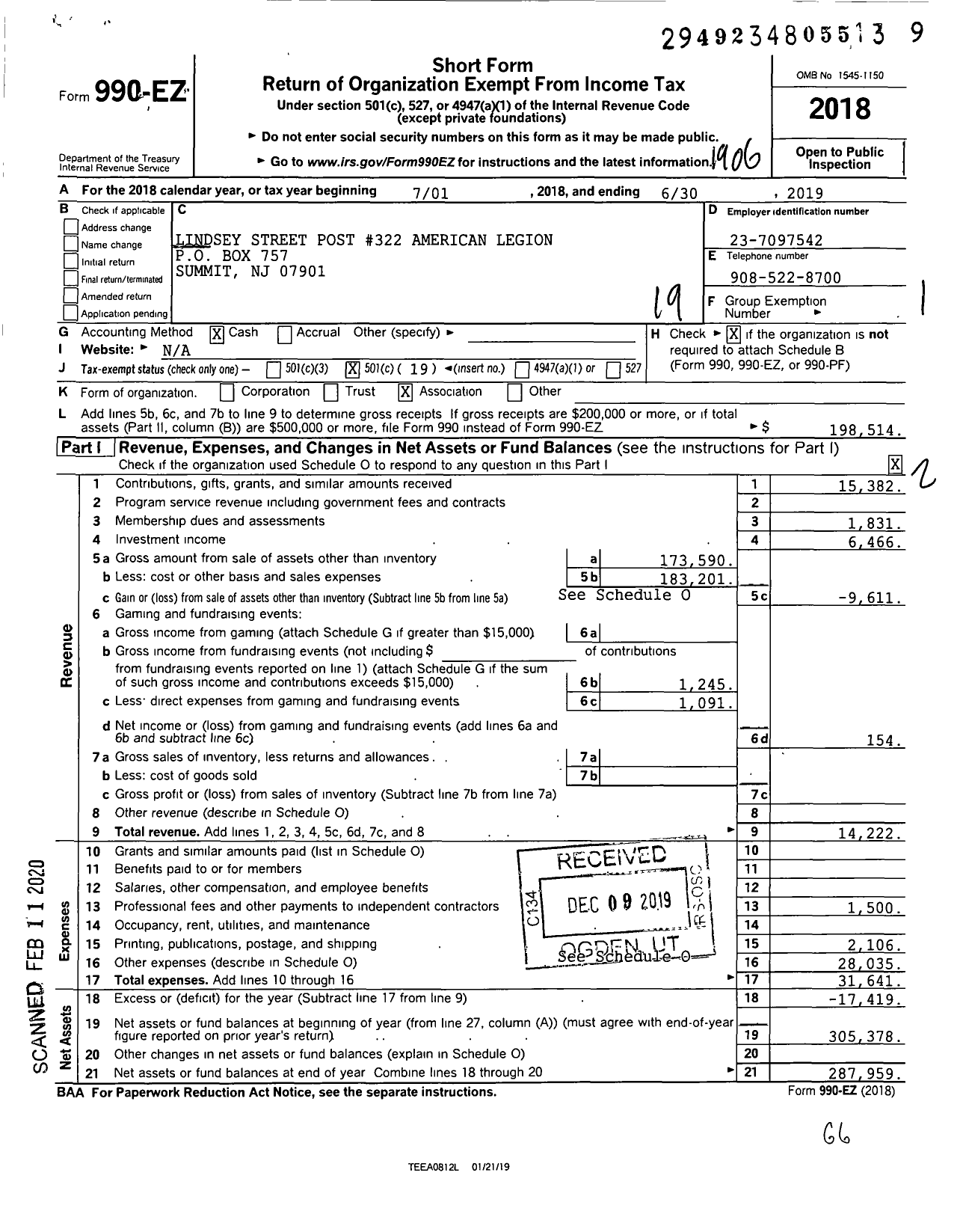 Image of first page of 2018 Form 990EO for American Legion - 322 Lindsey Street