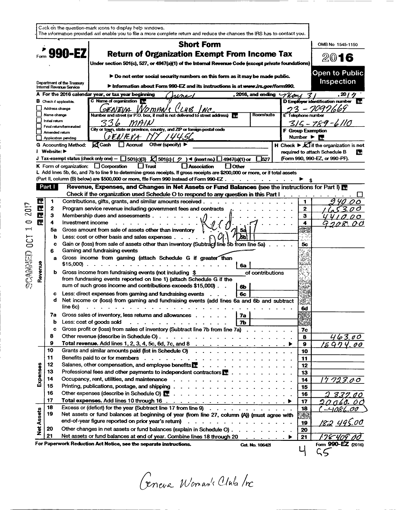 Image of first page of 2016 Form 990EO for Geneva Woman's Club