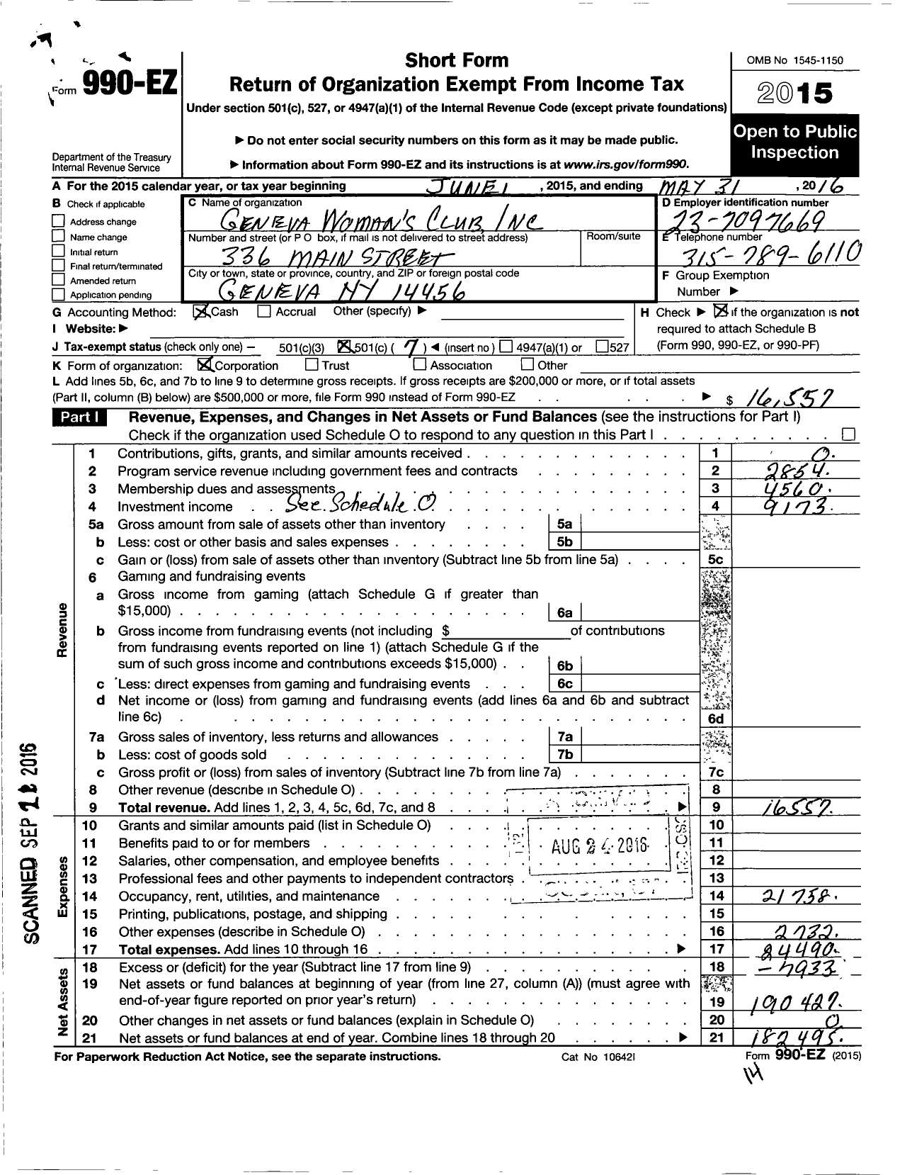 Image of first page of 2015 Form 990EO for Geneva Woman's Club