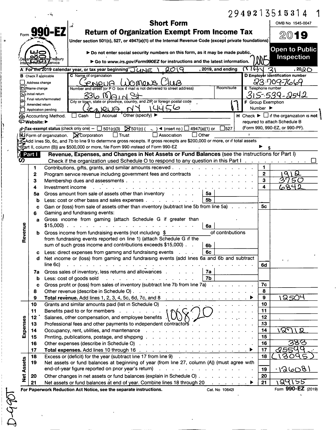 Image of first page of 2019 Form 990EO for Geneva Woman's Club