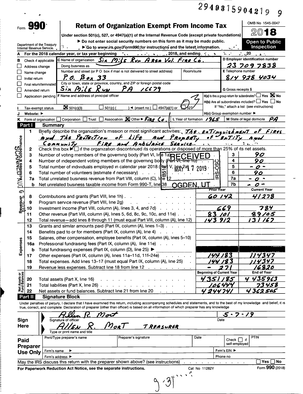 Image of first page of 2018 Form 990 for Six Mile Run Area Volunteer Fire