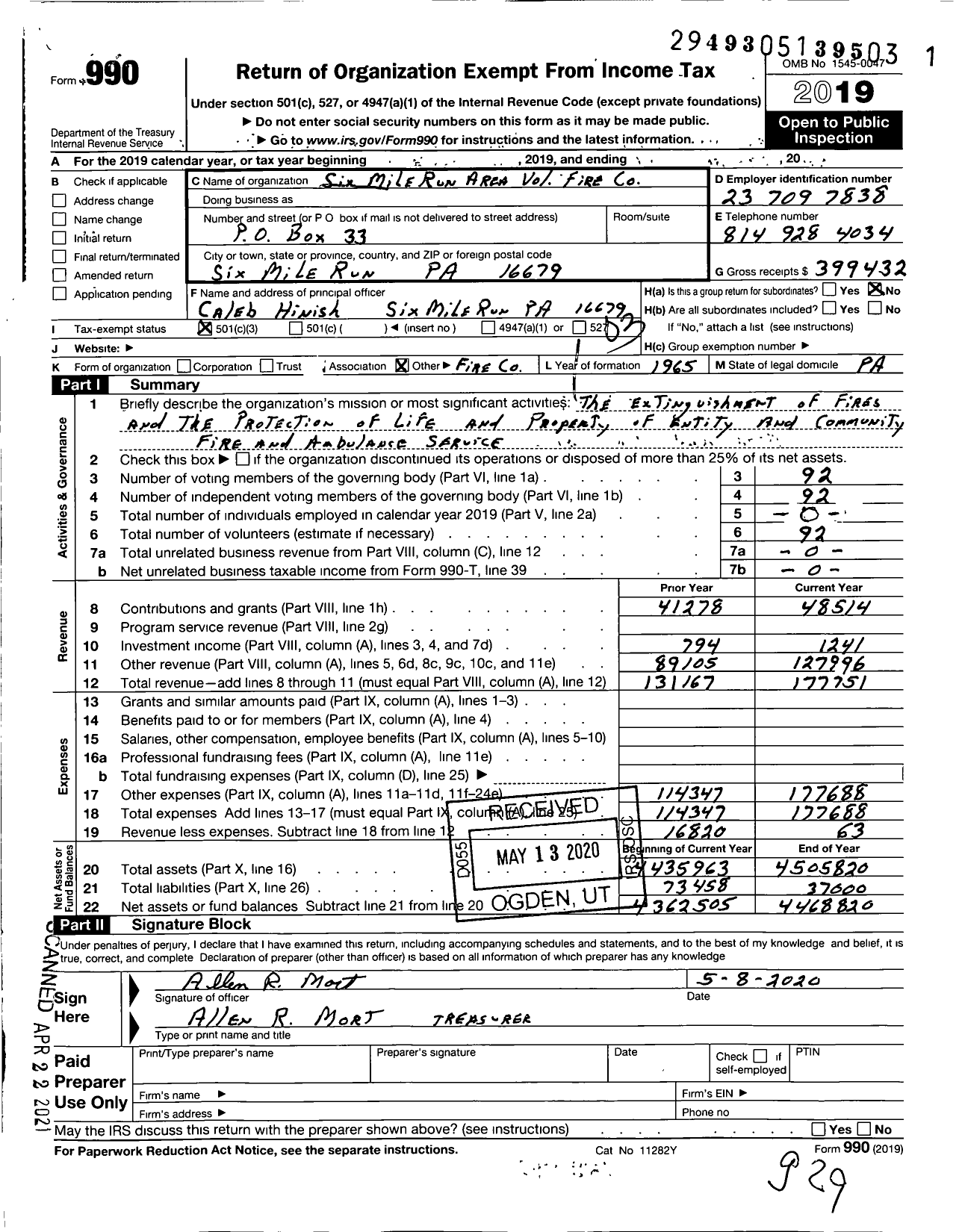 Image of first page of 2019 Form 990 for Six Mile Run Area Volunteer Fire