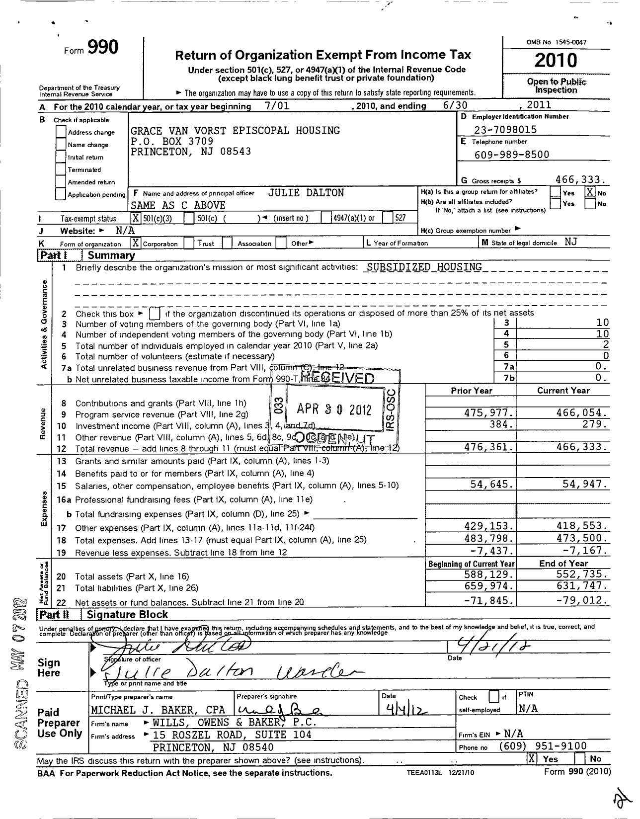 Image of first page of 2010 Form 990 for Grace Van Vorst Episcopal Housing