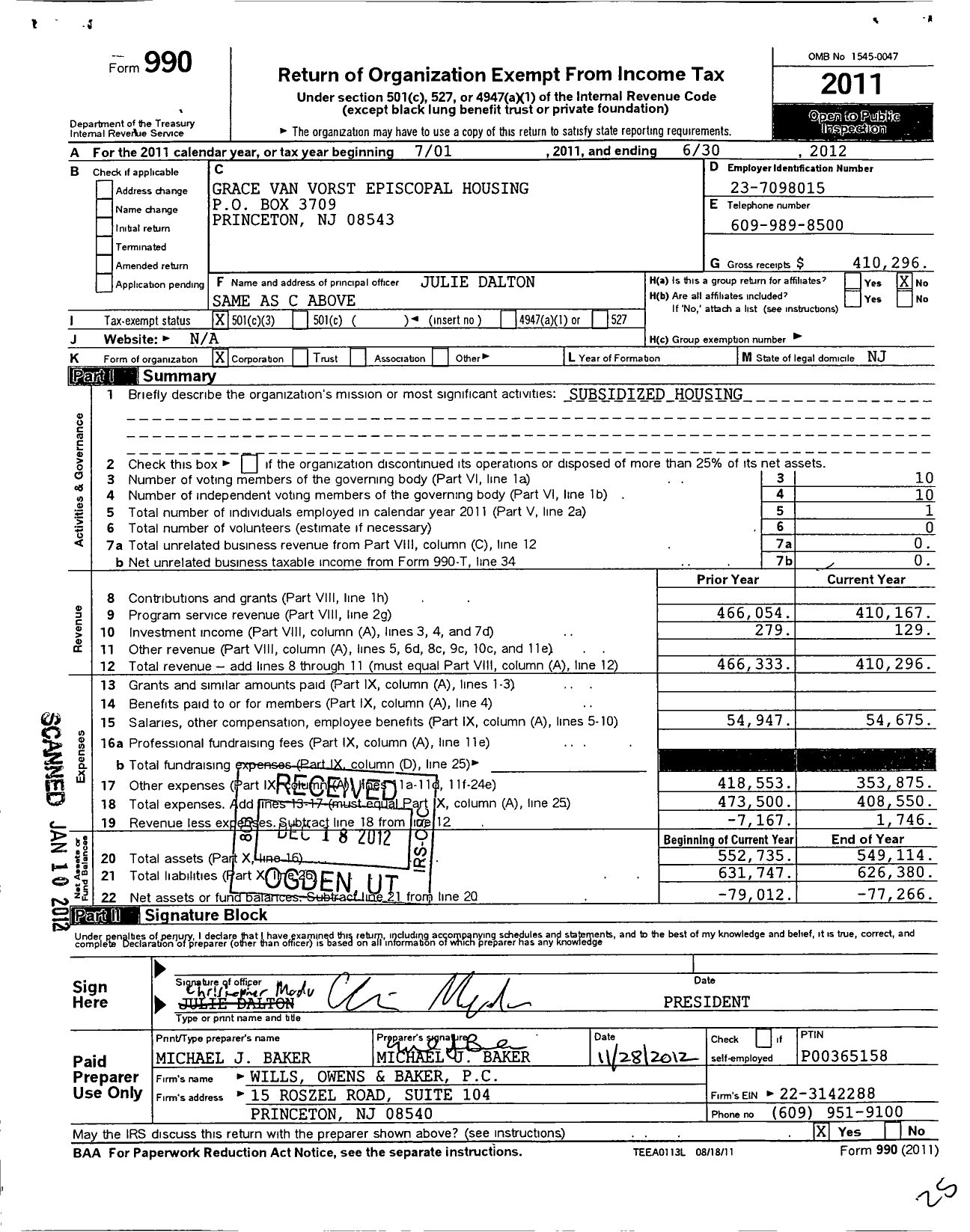 Image of first page of 2011 Form 990 for Grace Van Vorst Episcopal Housing