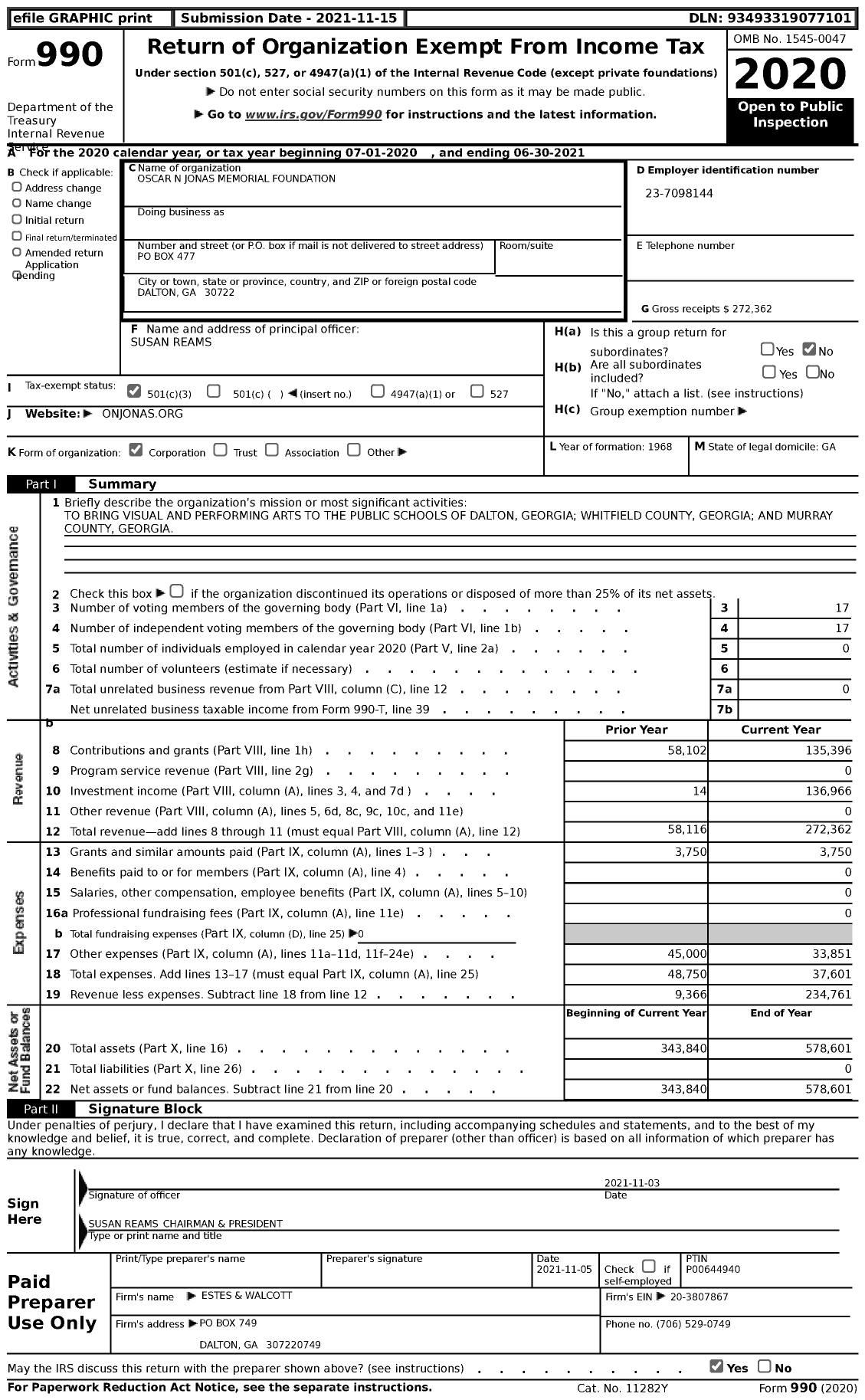 Image of first page of 2020 Form 990 for Oscar N Jonas Memorial Foundation
