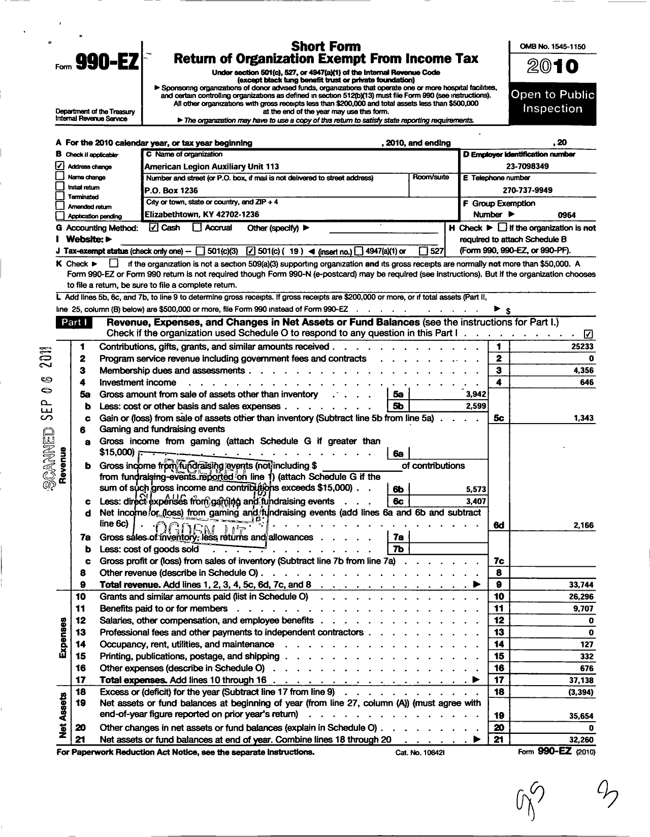 Image of first page of 2010 Form 990EO for American Legion Auxiliary - 113 Hardin