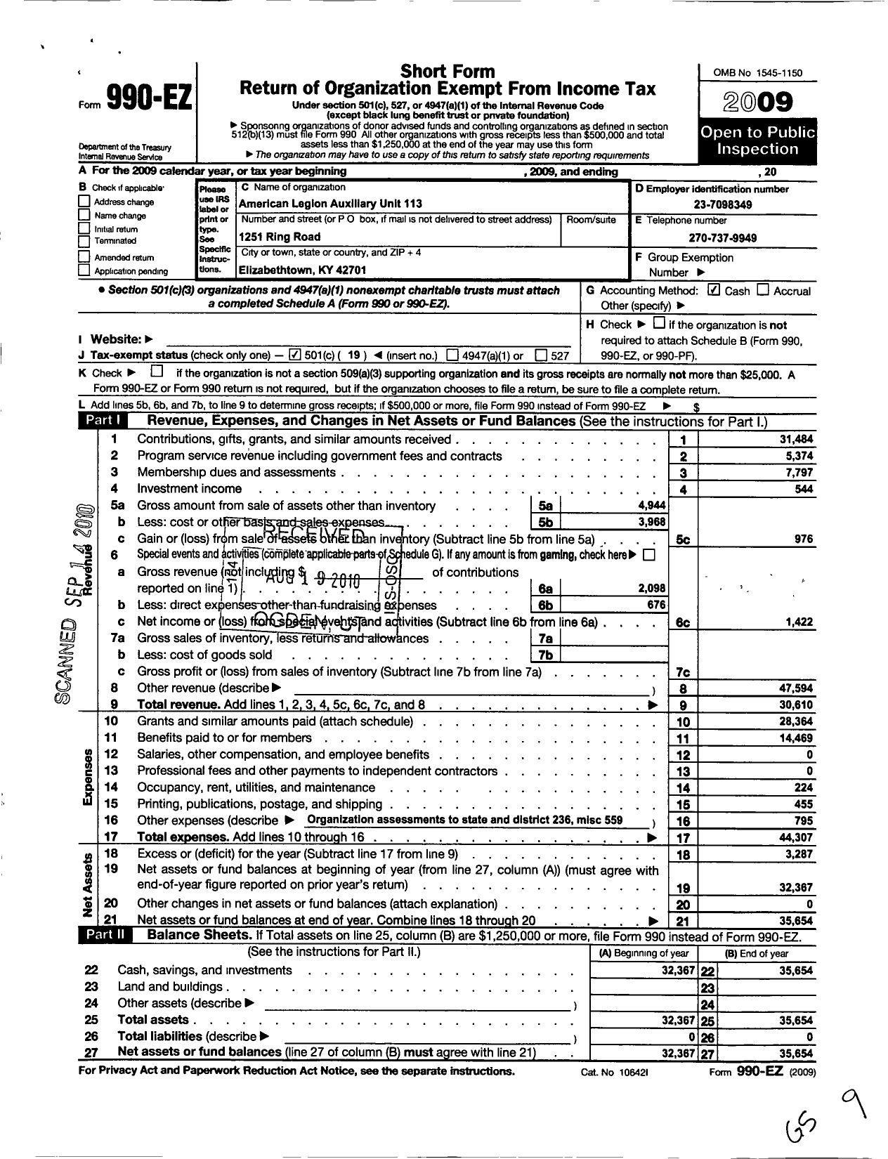 Image of first page of 2009 Form 990EO for American Legion Auxiliary - 113 Hardin