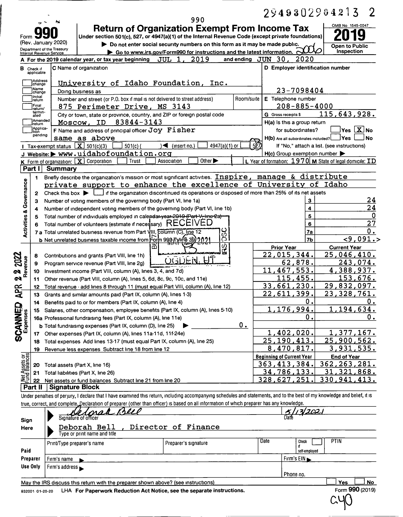 Image of first page of 2019 Form 990 for University of Idaho Foundation
