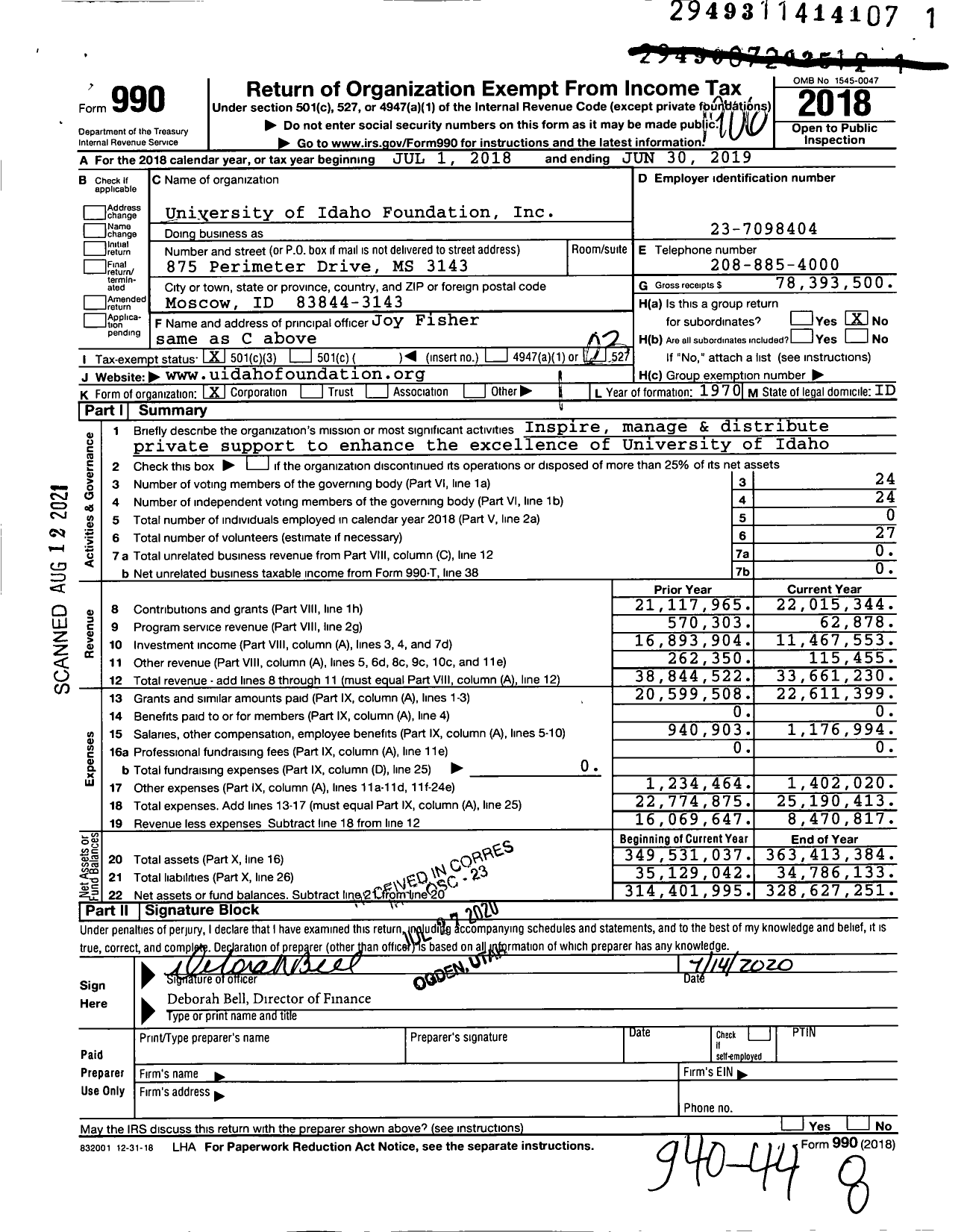 Image of first page of 2018 Form 990 for University of Idaho Foundation