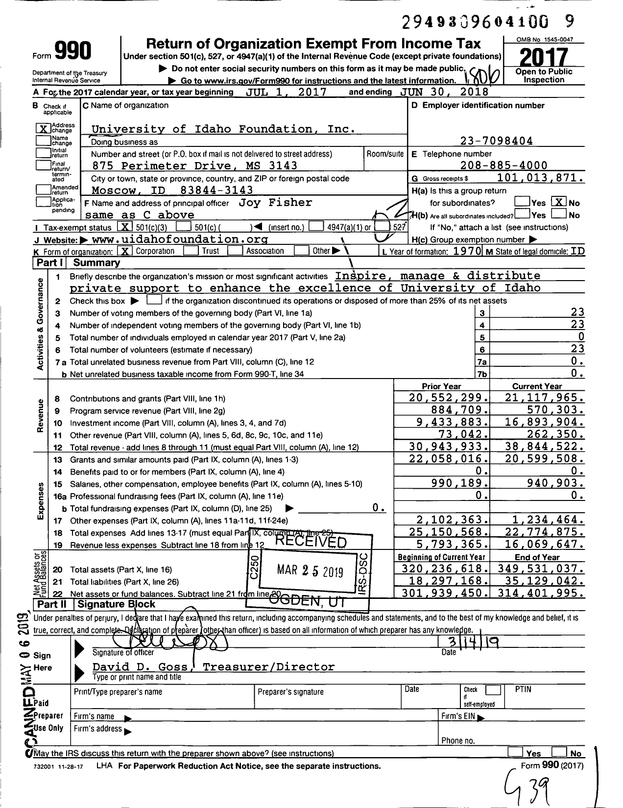 Image of first page of 2017 Form 990 for University of Idaho Foundation