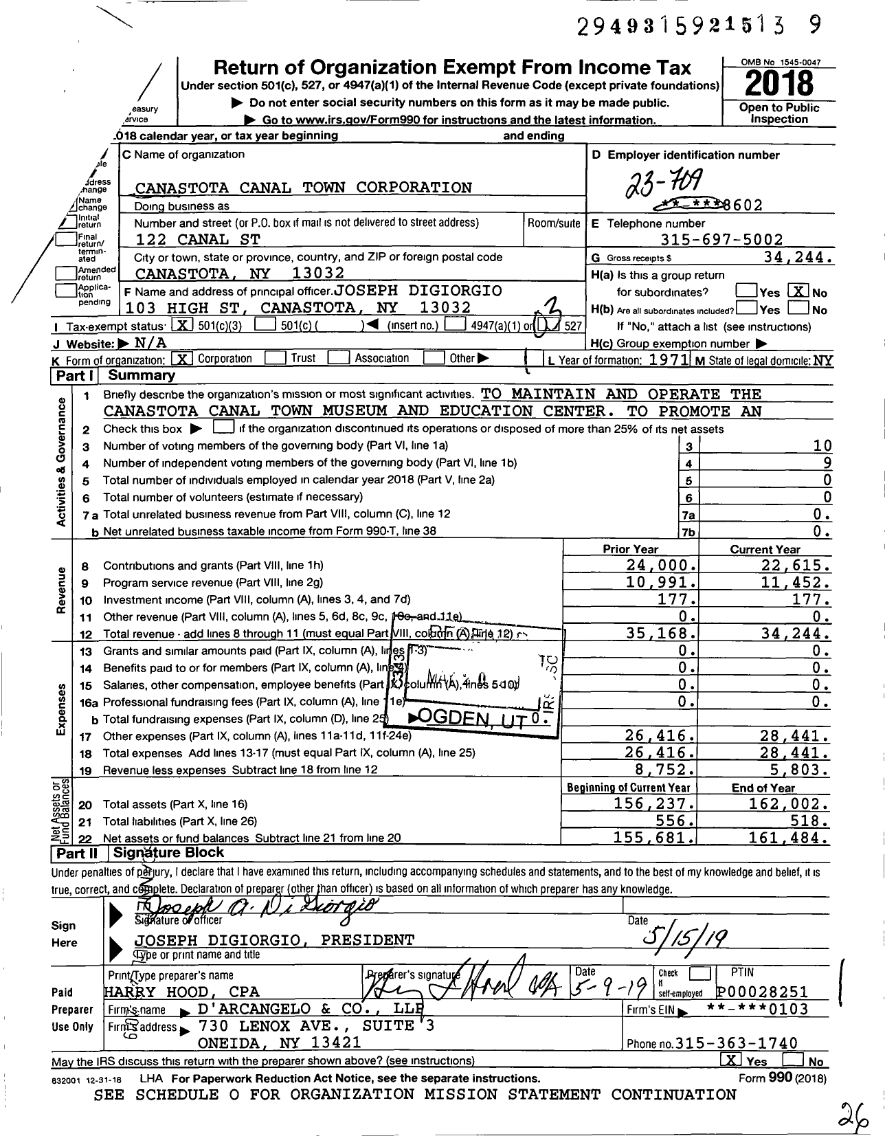 Image of first page of 2018 Form 990 for Canastota Canal Town Corporation