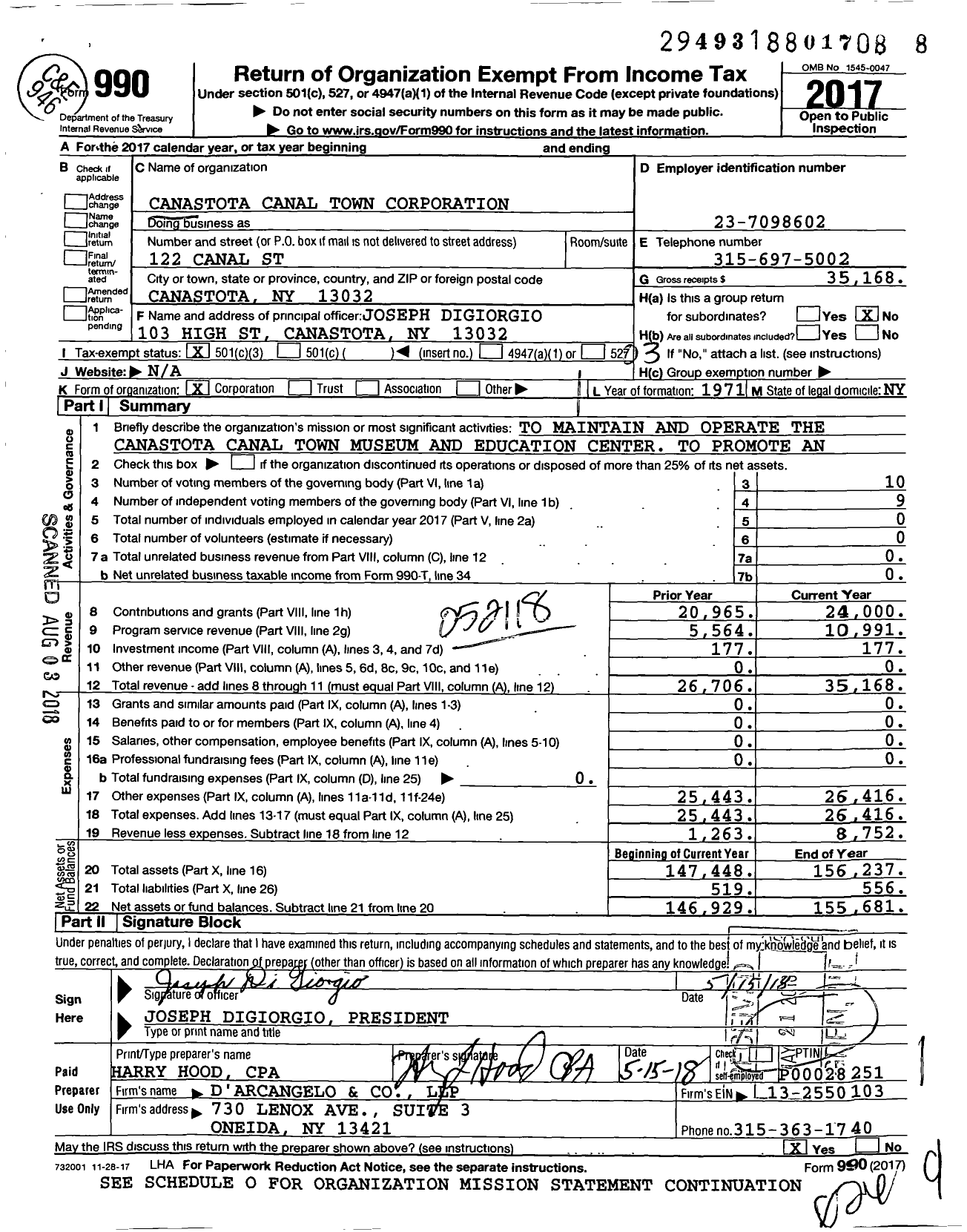 Image of first page of 2017 Form 990 for Canastota Canal Town Corporation