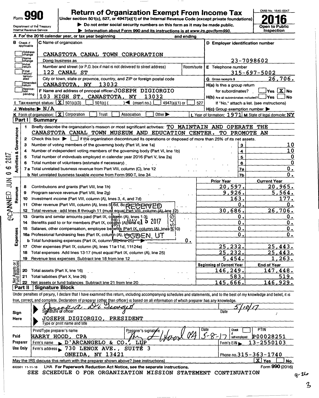 Image of first page of 2016 Form 990 for Canastota Canal Town Corporation