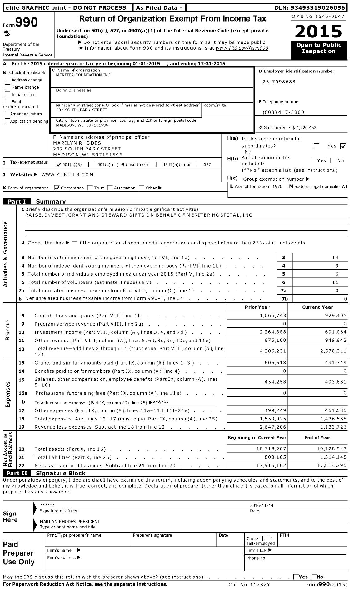 Image of first page of 2015 Form 990 for Meriter Foundation